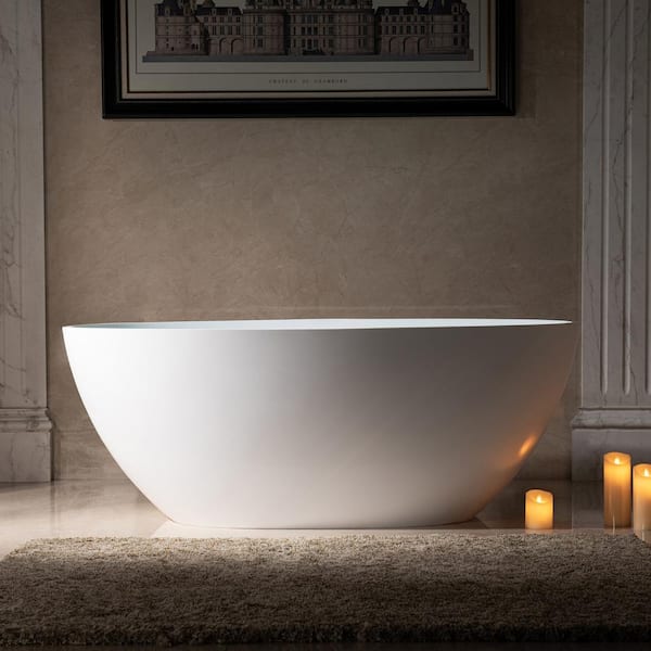WOODBRIDGE 59 in. x 30.75 in. Solid Surface Stone Resin Soaking Bathtub with Center Drain in Matte White