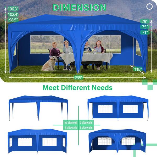 Outdoor Metal 10 ft. x 20 ft. Pop Up Canopy Tent with 6 Sidewalls Waterproof 3 Adjustable Heights Blue for Lawn JX W2505P151707 The Home Depot