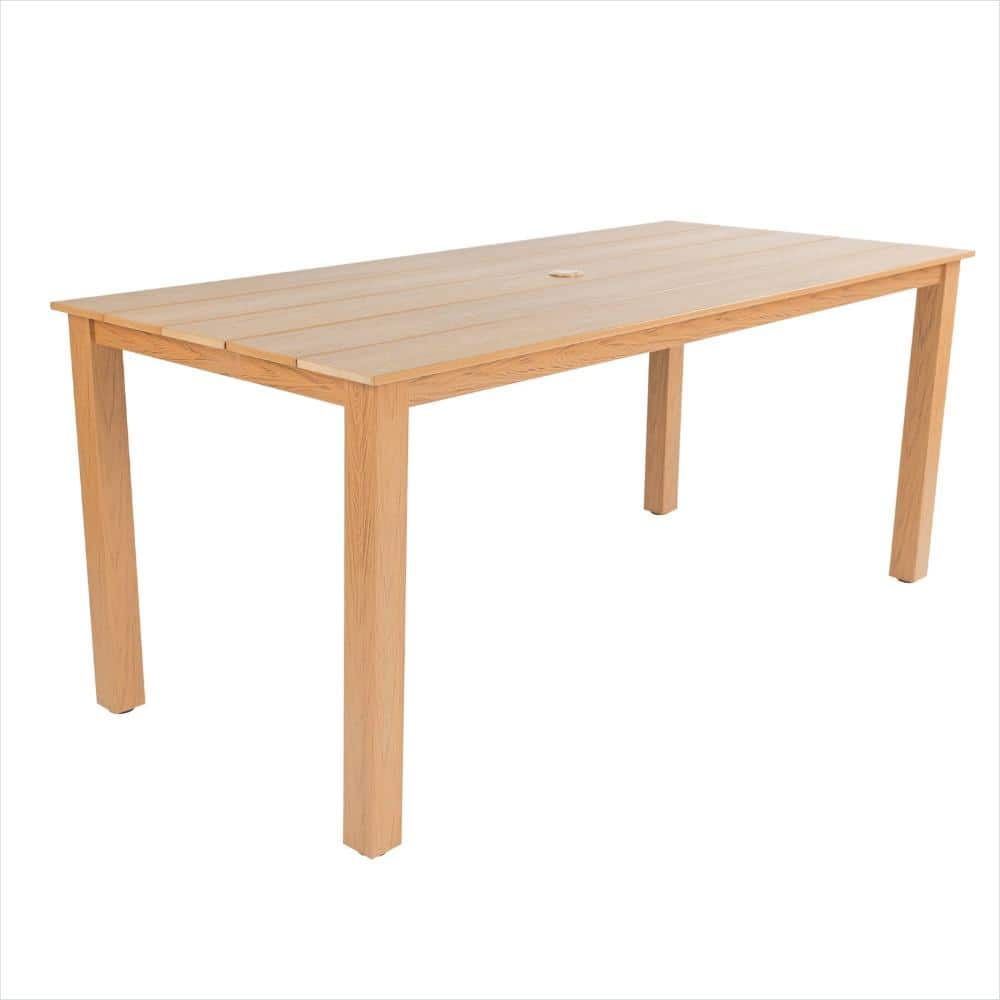 Wooden rectangular outdoor dining table on a white background.