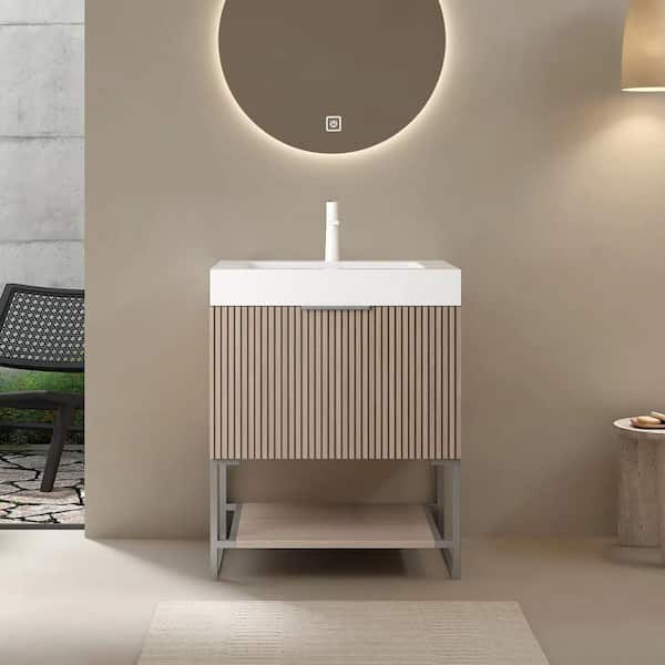 Zeus & Ruta 24 in. W Single Sink Bath Vanity in Light Brown Oak with White Acrylic Top, Drawer and Open Shelf, Pre-assembled