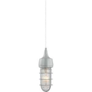 1-Light Indoor or Outdoor Silver Gray Aluminum Mini Hanging Pendant with Clear Glass Rounded Cylindrical Shade