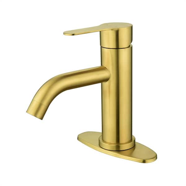 FLG Single Handle Single Hole Bathroom Faucet with Deckplate Included Stainless Steel Sink Vanity Faucets in Brushed Gold
