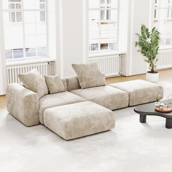 Magic Home 130 in. Square Arm Oversized Deep Seat 4-Piece L-shaped Corduroy Modular Sectional Sofa Rearrangeable Couch in Beige