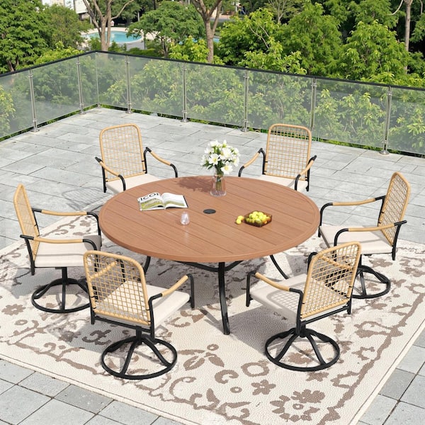 7-Piece Metal Outdoor Dining Set with 53 in. Walnut Round Table and 6 Swivel Wicker Chairs with Beige Cushions