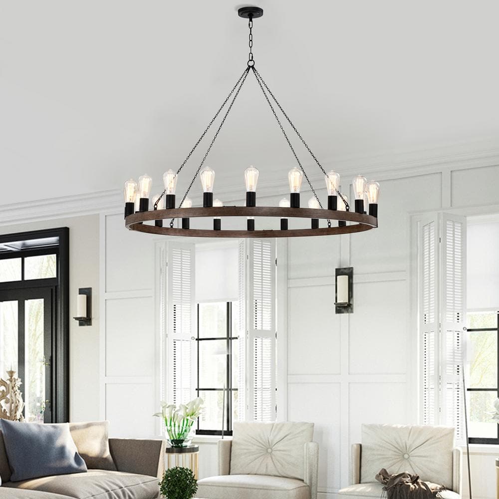 Antique Black and Faux Wood 20-Light Candle Chandelier
