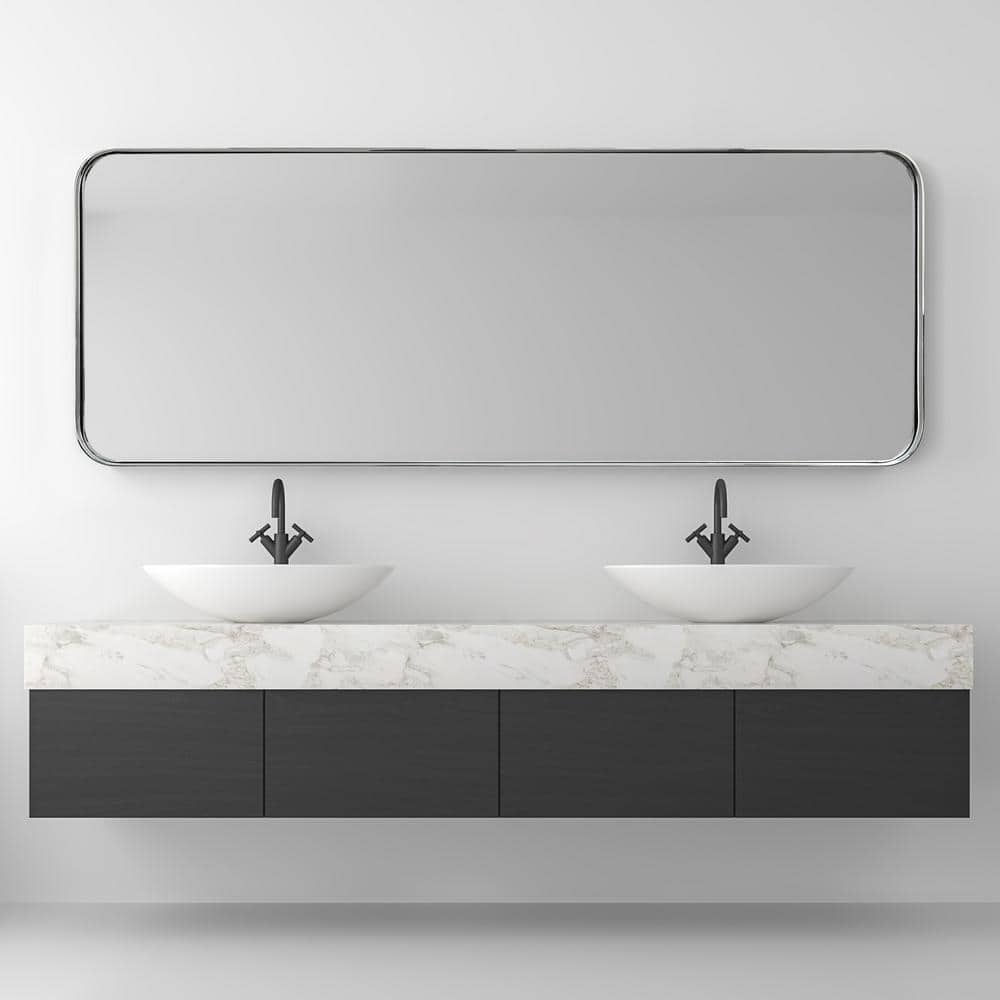Sleek 48"x18" Polished Silver Stainless Steel Rectangular Wall Mirror