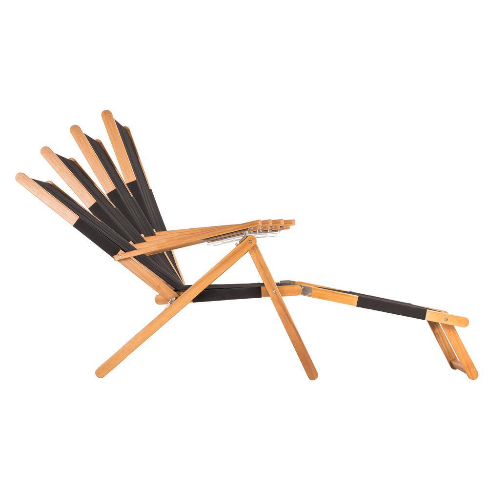 Acacia Wood and Steel Portable Lounge Chair with Detachable Footrest, Black