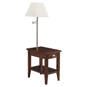 26 in. W Chocolate Cherry Laurent 1-Drawer Swing Arm Lamp Side Table with Shelf, Wooden Top