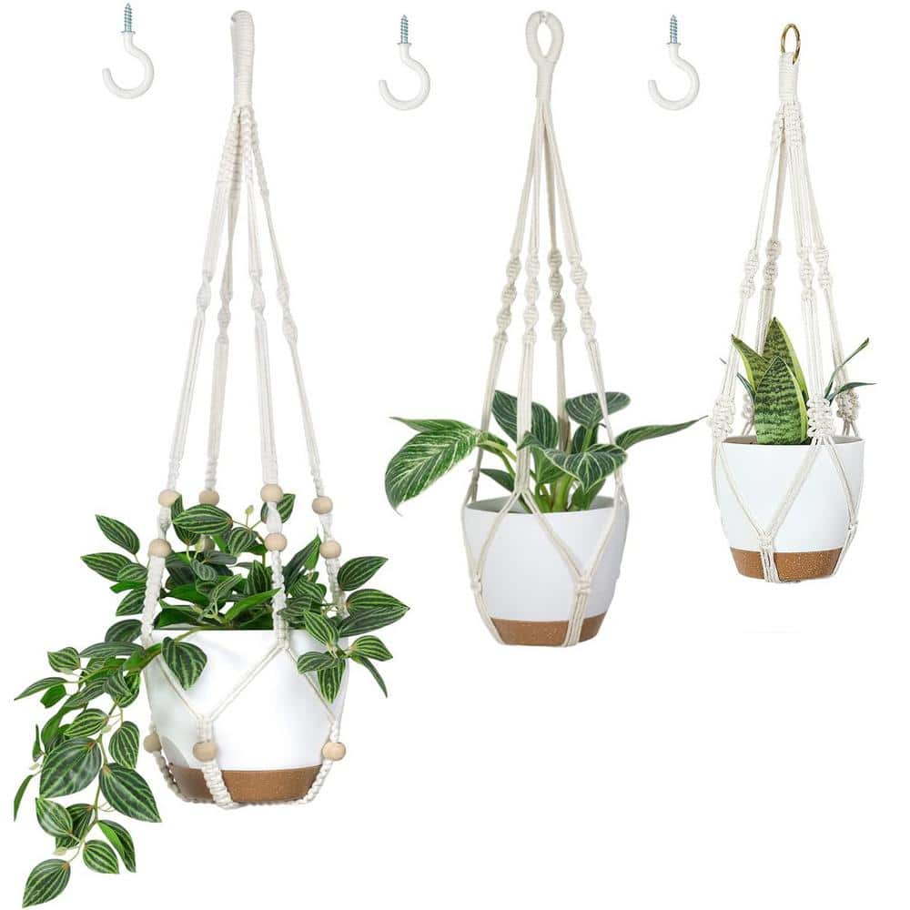 Plastic Indoor/Outdoor Hanging Planter with Macrame 3 Different Size (3-Pac