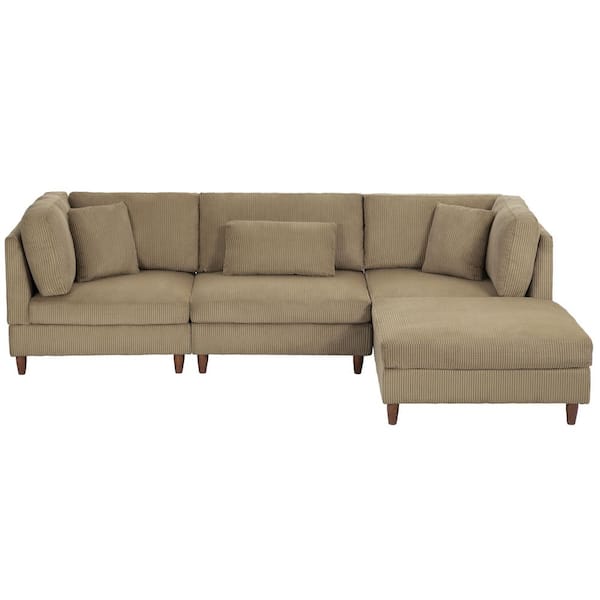 112.1 in. Straight Arm 4-piece Corduroy Upholstered L-Shaped Sectional Sofa in Camel