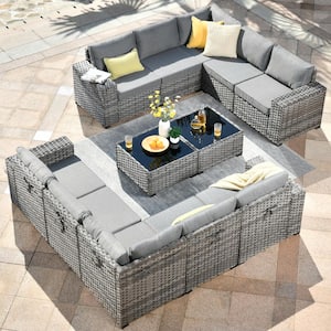 Crater Gray 12-Piece Wicker Outdoor Wide-Plus Arm Patio Conversation Sofa Seating Set with Dark Grey Cushions