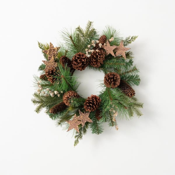 SULLIVANS 21 in. Unlit Green Star Rustic Pine Mini Artificial Christmas Wreath