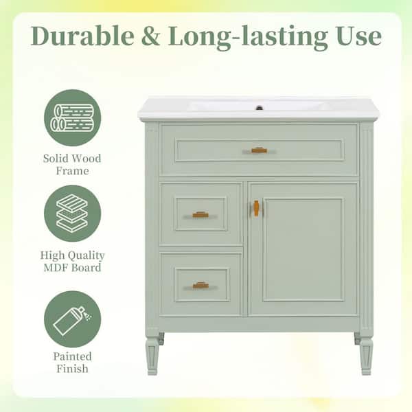 30 in. Freestanding Green Bath Vanity Solid Frame Bathroom Cabinet with White Ceramic Basin Top and One Flip Drawer