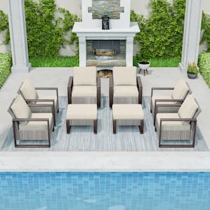 8-Piece Brown Rattan Wicker Outdoor Patio Conversation Set with Beige Cushions and Rocking Chairs