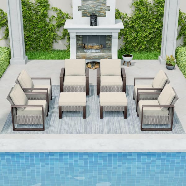 MeetLeisure 8-Piece Brown Rattan Wicker Outdoor Patio Conversation Set with Beige Cushions and Rocking Chairs