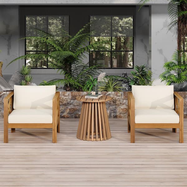 Madras 3-Piece Teak Finish Solid Wood Patio Chat Set Outdoor Lounges Chairs with Beige Cushions, Side Table