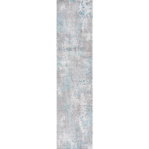 Timeworn Modern Abstract Gray/Turquoise 2 ft. x 8 ft. Runner Rug