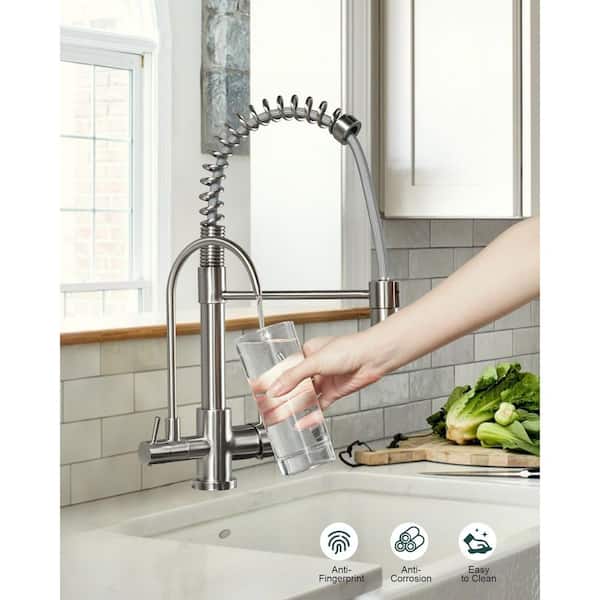 Double Handles Solid Brass Pull Down Sprayer Kitchen Faucet with Drinking Water Filter in Brushed Nickel