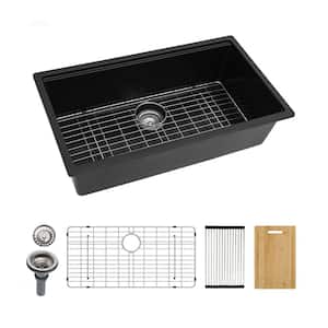 30 in. Undermount Single Bowl Black Quartz Composite Workstation Kitchen Sink with Bottom Grids and Cutting Board