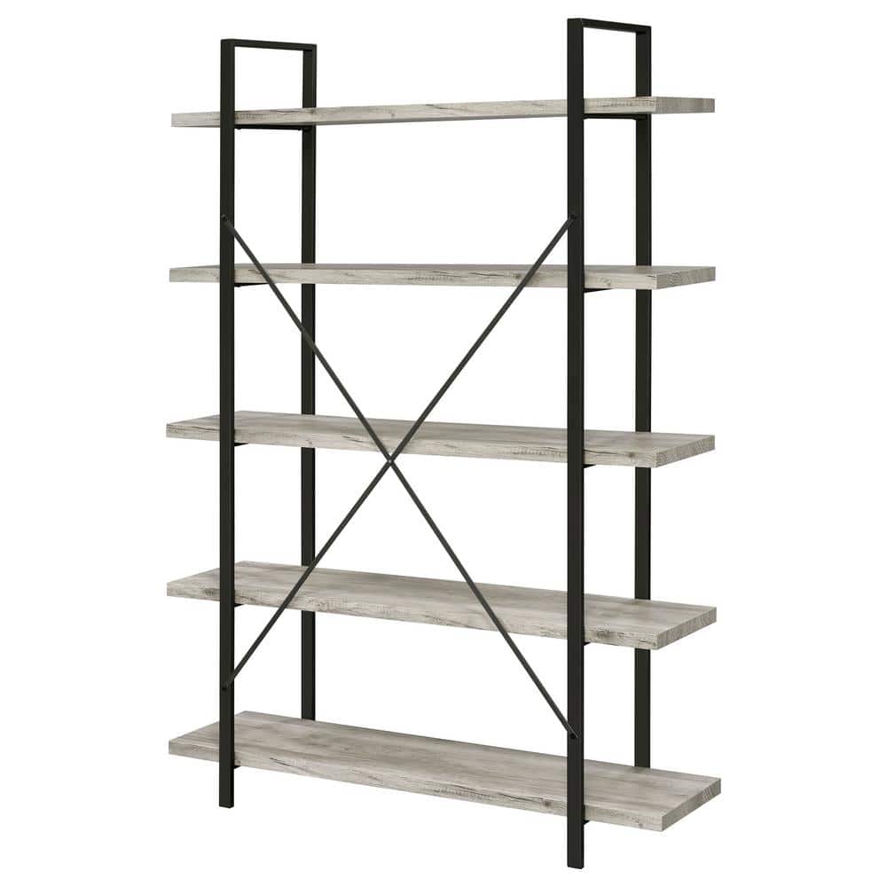 70" Gray Driftwood and Gunmetal 5-Shelf Bookcase