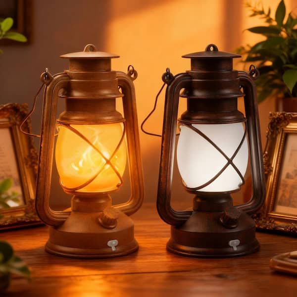 14.6 in. Bronze 4 Modes LED Lantern with Dancing Flame and Remote Control, Waterproof Hanging Light for Indoor (2-Pack)