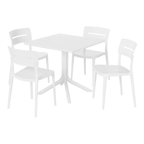WESTIN OUTDOOR Frond and Form White Plastic All Weather 5-Piece Square Table Modern Outdoor Patio Dining Set w/ 4 Stackable Chairs