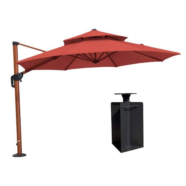 PURPLE LEAF 10 ft. Octagon High-Quality Wood Pattern Aluminum Cantilever Polyester Patio Umbrella with Base in Ground, Brick Red