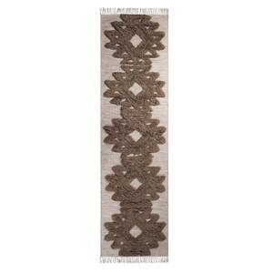 10 ft. Sand And Taupe Wool Geometric Flatweave Handmade Stain Resistant Runner Rug with Fringe