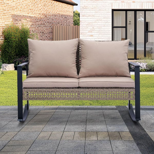 Unbranded Khaki Wicker Outdoor Rocking Chair with Khaki Cushion