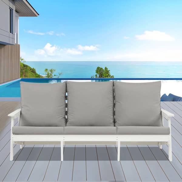 Unbranded White HIPS Wood Grain Outdoor Garden Sofa, 3-Seater Sectional Set with Gray Cushions