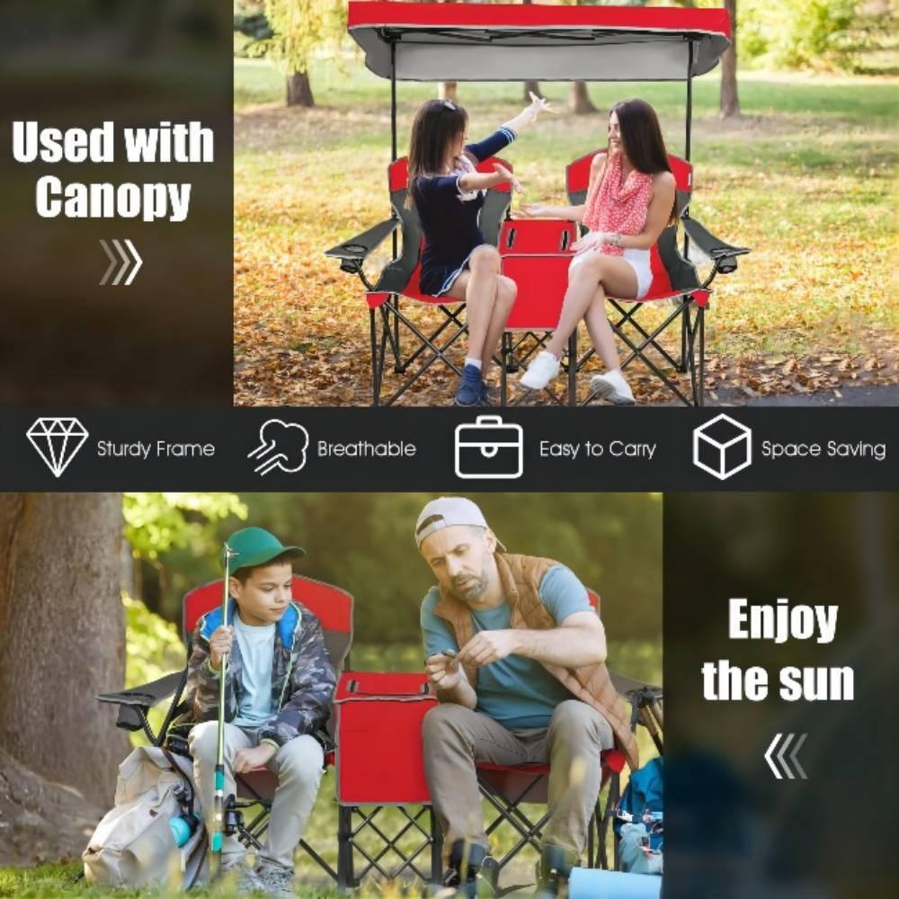 Red Double Folding Camping Chair with Canopy and Cooler