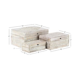 Rectangle Mango Wood Floral Box with Hinged Lid (Set of 3)