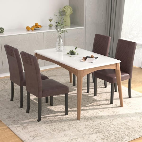 Dining Chairs Set of 4, High Back PU Upholstered Chairs with Wood Legs for Kitchen and Living Room, Brown