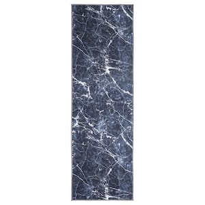 Eden Collection Marble Black 2 ft. x 7 ft. Machine Washable Abstract Indoor Area Rug