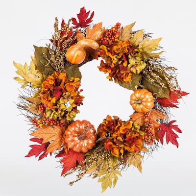 22 in. Unlit Artificial Harvest Wreath with Pumpkins and Hydrangeas on a Twig Base