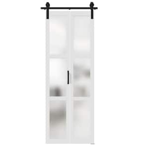 30 in. x 84 in. 3-Lite Frosted Glass Bi-Fold Door Finished with Sliding Hardware Kit, MDF White Folding Barn Door Slab .