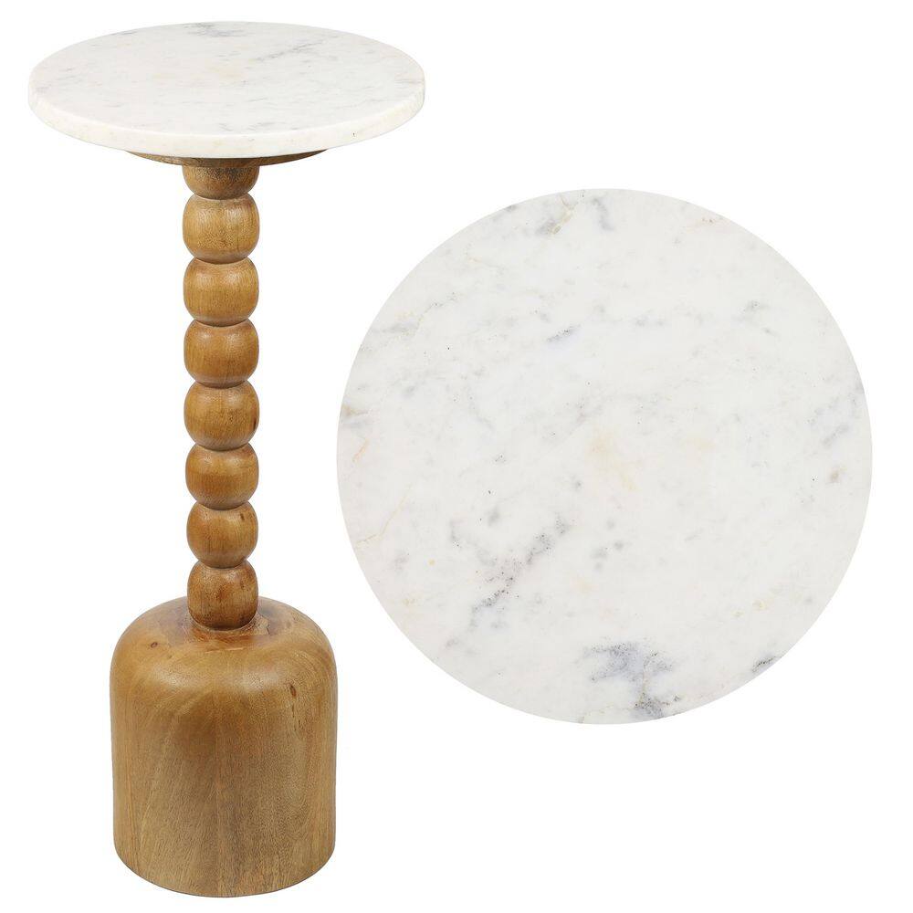 Turner 10 in. Designer Cottage Spindle Wood Column Drink Table with White Marble Round Top, Natural price history on PriceWatchPro