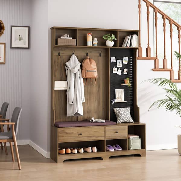 Noble House Reminia Brown Modern Hallway Hall Tree with Cushioned Bench, Drawers, Peg Board, Hooks, Shelves