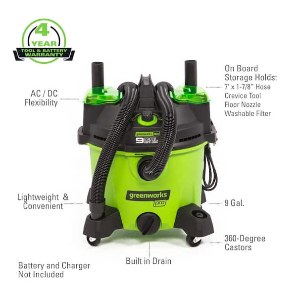 Greenworks PRO 9 Gal. 60-Volt AC/DC Wet Dry Vac (Tool-Only) VU0B01