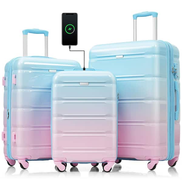 3-Piece Light Blue and Pink ABS Durable Luggage Set with Spinner Wheels and USB Port