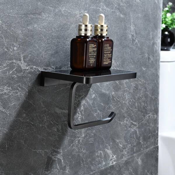 Lexora Bagno Bianca Stainless Steel Black Glass Shelf w/ Toilet Paper Holder - Gun Metal