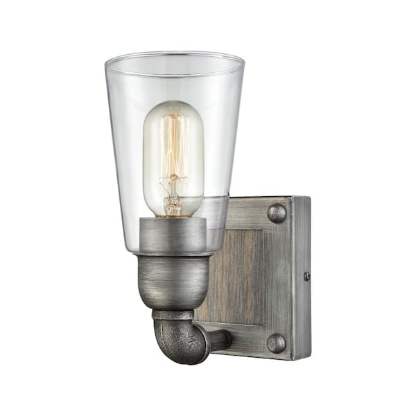 Titan Lighting Platform 1-Light Weathered Zinc with Washed Wood and Clear Glass Bath Light