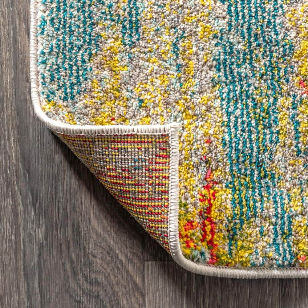 Blue Cream Yellow Abstract Rectangular Synthetic Area Rug