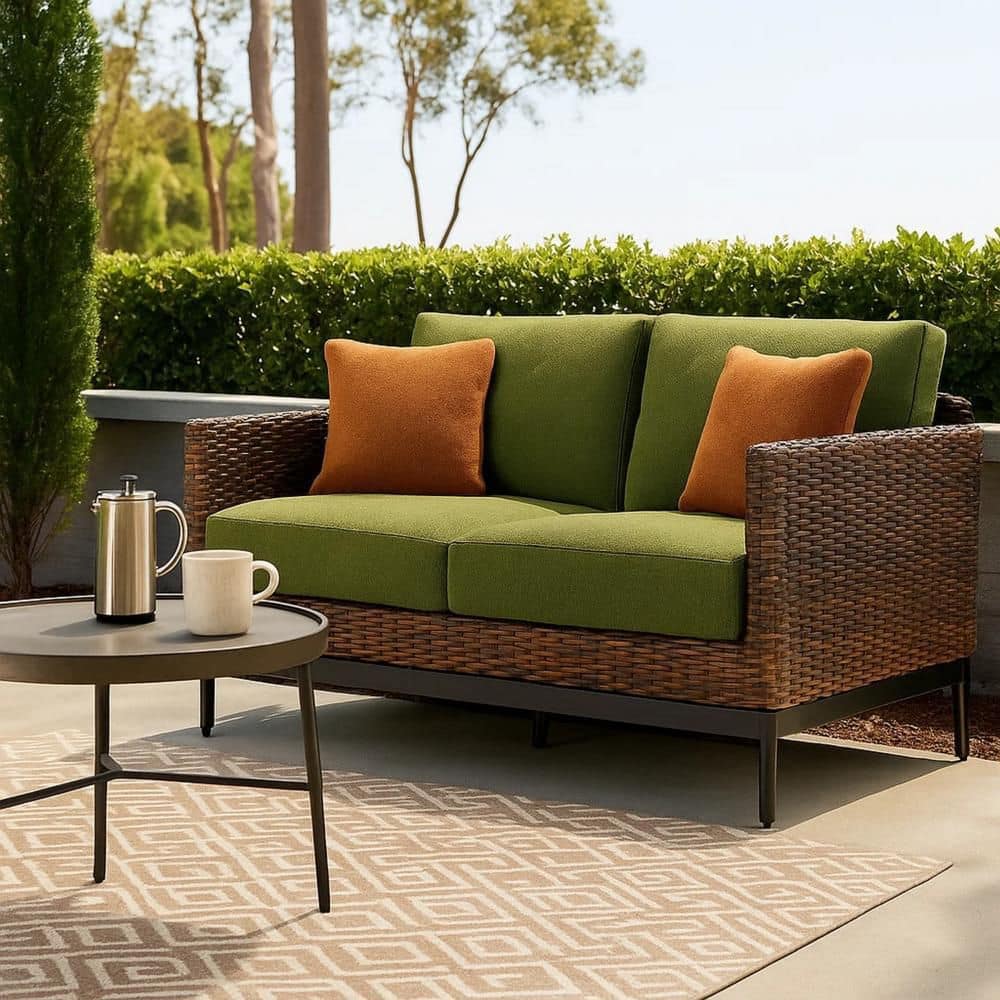 Izon Brown and Black Aluminum Outdoor Loveseat with Green Cushions and 2 Throw Pillows price history on PriceWatchPro