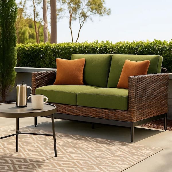 Izon Brown and Black Aluminum Outdoor Loveseat with Green Cushions and 2 Throw Pillows