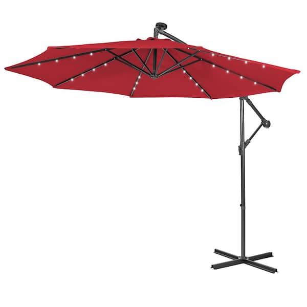 Costway 10 ft. Steel Cantilever Solar Powered 32 LED Lighted Patio Umbrella in Wine