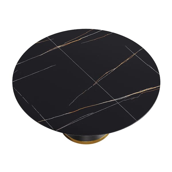59.05 in. Circular Sintered Stone Tabletop Kitchen Dining Table with Black Metal Pedestal Base (Seats 6)