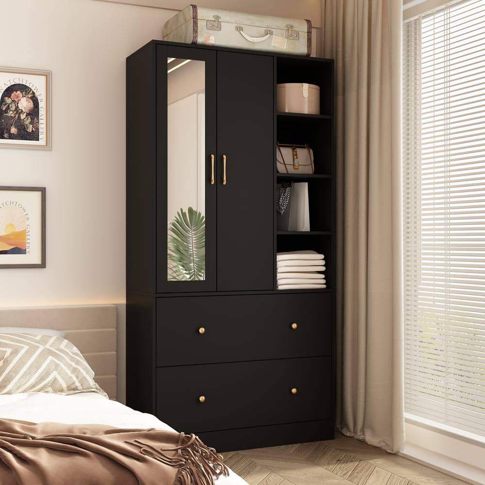 White Wood 35.5 in. W Armoires Wardrobe With Mirror, Pulling Hanging Rod, Drawers, Shelves 15.8 in. D x 70.8 in. H - thumbnail 2