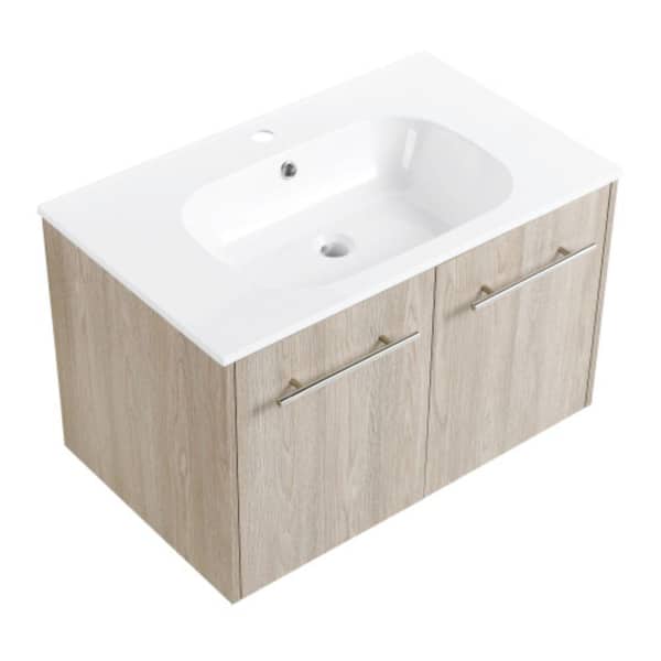 Sanlan GLEM04 30.0 in. W x 18.1 in. D x 18.3 in. H Single Sink Floating Bath Vanity in White Oak with White Solid Surface Top