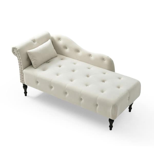 Huluwat 60.6 in. L x 27.5 in. W Beige Velvet Buttons Tufted Sofa Chaise Lounge with Solid Wood Legs and Pillow
